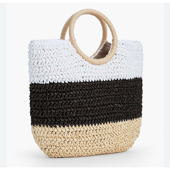 Talbots Handbags - Talbots Hand Crochet Straw Circle Handle Tote Bag Colorblock Brown Cream Tan NEW
